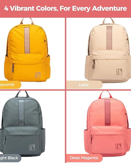 INUK Geometric Stripe Laptop Backpack, 13 Inch Water Resistant Backpack for College & Work, Recycled Travel Daypack Made from 24 Plastic Bottles, with Hidden Pocket & Luggage Strap, Latte