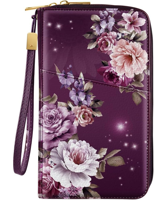 Family Passport Holder Wallet RFID Blocking Document Organizer PU Leather Mulit-purpose Travel Wallet Credit Cards Case for Women Men,Purple Flowers