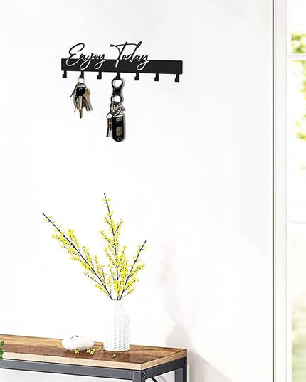 ShowMtheM Exquisite Fashion Phrase Key Holder Wall Mount,Enjoy Today Key Kooks for Wall Decoration,Black Metal Key Hanger with 7 Kooks for Entryway,Office,Living Room Decor