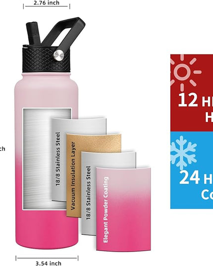 Insulated Water Bottle 40oz,Triple Wall Vacuum Stainless Steel(Dishwasher Safe),Leak Proof & Non-BPA,Flask Jug with Paracord Handle & Straw Spout Lids Sports Cherry Blossom