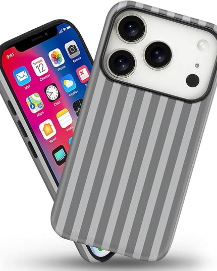 Magnetic for iPhone 17 Pro Max Case Cute Stripes Phone Case, Shockproof Slim TPU and Hard PC Protective Phone Cover Compatible with MagSafe Designed for Women Girls, Gray