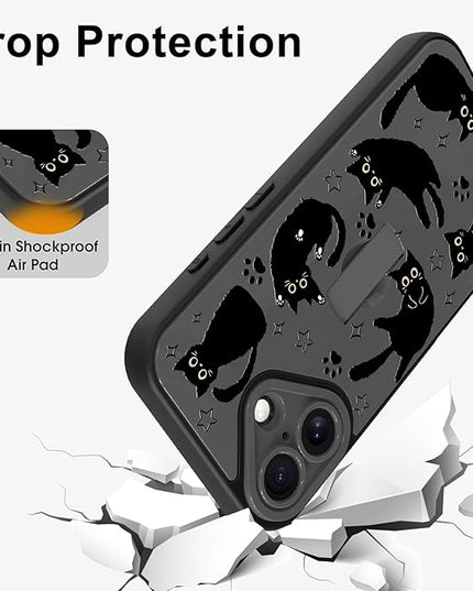 Cute Case for iPhone 16 Case with Finger Loop Stand, Kawaii Black Cats Pattern Design for Women Girls Boys, Full Camera Protection Protective Phone Cover with Hand Strap Kickstand