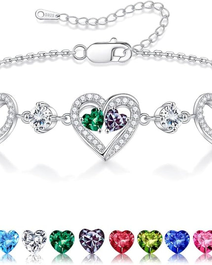 Iefil Valentines Day Gifts for Her - 925 Sterling Silver Heart Birthstone Bracelet Birthday Anniversary Jewelry Gifts for Her Wife