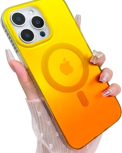 Aesthetic Case for iPhone 16 Pro Max Case for Women Girls, Compatible with Magsafe, Cute Girly Trendy Glitter Sparkly Rainbow Magnetic Protective Phone Cover, Matte Iridescent Yellow & Orange