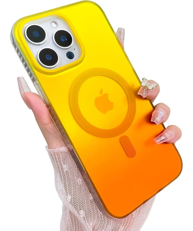 Aesthetic Case for iPhone 16 Pro Max Case for Women Girls, Compatible with Magsafe, Cute Girly Trendy Glitter Sparkly Rainbow Magnetic Protective Phone Cover, Matte Iridescent Yellow & Orange