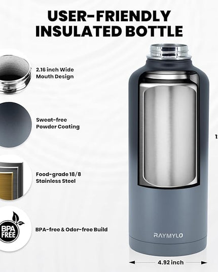 Insulated Water Bottle 87 oz, Triple Wall Vacuum Stainless Steel (Cold for 48 Hrs), Leak Proof & Non-BPA, Modern Water Flask Jug with Paracord Handle & Straw Spout Lids, Dark Grey
