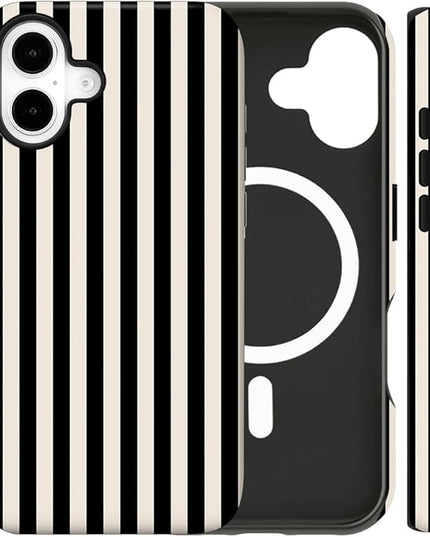 Magnetic for iPhone 16 Case Cute Stripes Phone Case, Shockproof Slim TPU and Hard PC Protective Phone Cover Compatible with MagSafe Designed for Women Girls, Black and White