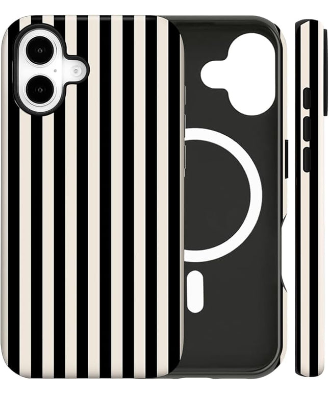 Magnetic for iPhone 16 Case Cute Stripes Phone Case, Shockproof Slim TPU and Hard PC Protective Phone Cover Compatible with MagSafe Designed for Women Girls, Black and White