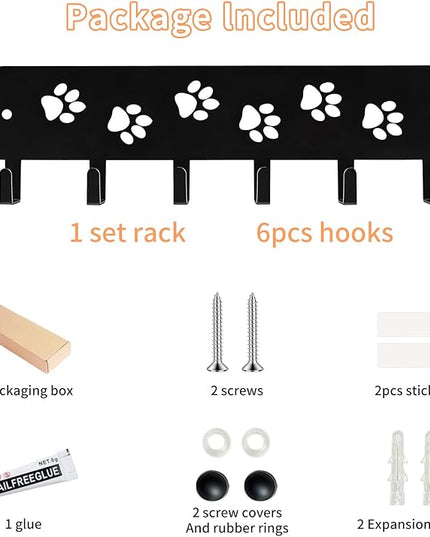 Key Hooks Key Holder Decorative Dog Leash Holder for Wall, 6 Hooks 9.75×2.73 inch for Wall Decorative Animal Storage Rack Adhesive, Black Hooks for Entrance Living Room Kitchen-Gifts for Dog Lovers