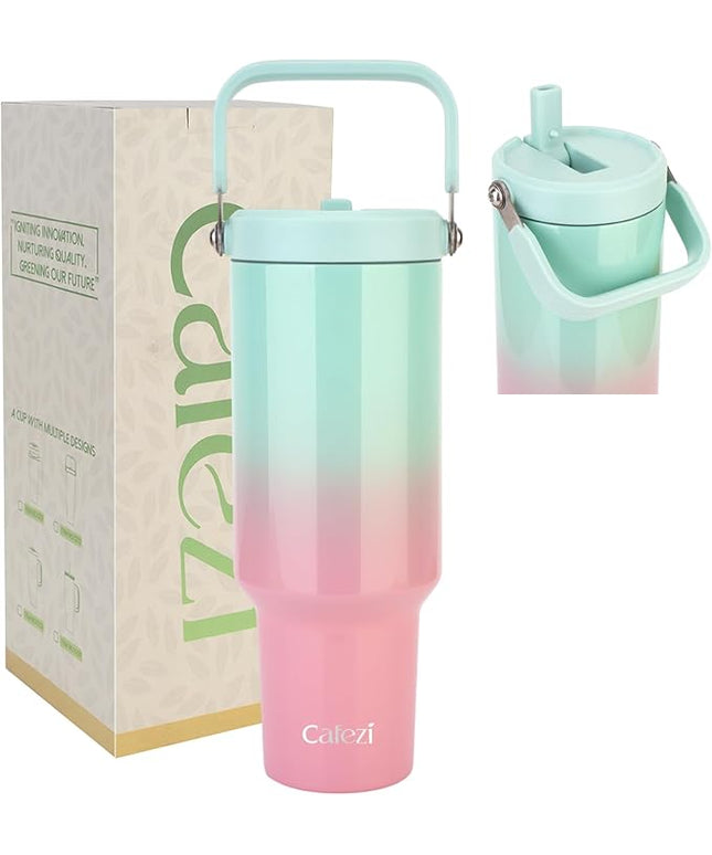 40 oz Insulated Tumbler with Top Handle and Flip Straw, Vacuum Insulated Stainless Steel Cup, Sweat-Free, Fits Cup Holder, Keeps Drinks Cold up to 30 Hours