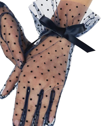 Women's Short Lace Gloves with Bow Ruffles Lace Tea Party Gloves for Wedding Costume Evening Dinner Party