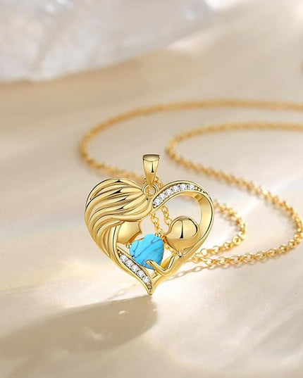 FANCIME Mom Birthstone Necklace Mother and Child Love Heart Necklace I Love You Mom Gifts Mothers Day Birthstone Jewelry Gifts for Grandmother Women Wife, 16"+2" Inches