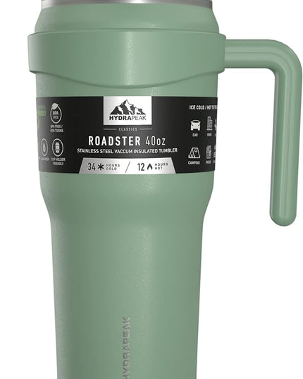 Hydrapeak Roadster 40oz Stainless Steel Tumbler Double Wall Vacuum Insulated Water Bottle With Handle And 2 in 1 Straw Lid (Sage)