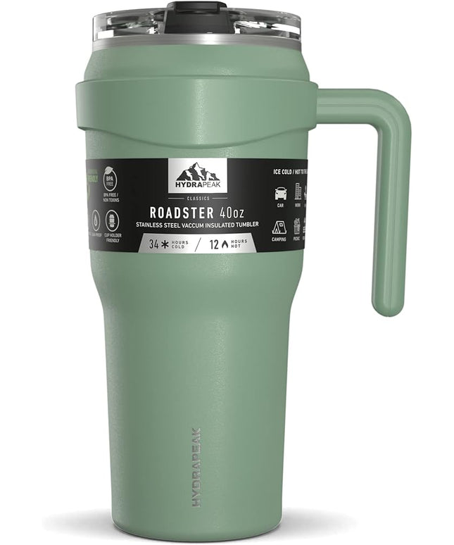 Hydrapeak Roadster 40oz Stainless Steel Tumbler Double Wall Vacuum Insulated Water Bottle With Handle And 2 in 1 Straw Lid (Sage)