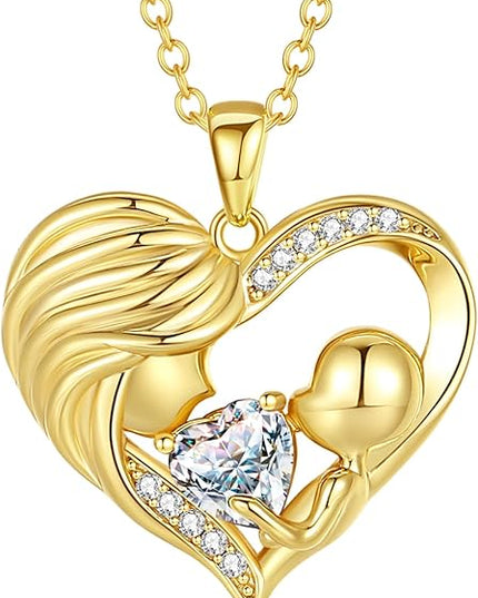 FANCIME Mom Birthstone Necklace Mother and Child Love Heart Necklace I Love You Mom Gifts Mothers Day Birthstone Jewelry Gifts for Grandmother Women Wife, 16"+2" Inches