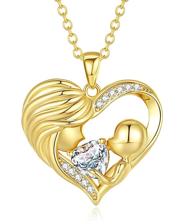 FANCIME Mom Birthstone Necklace Mother and Child Love Heart Necklace I Love You Mom Gifts Mothers Day Birthstone Jewelry Gifts for Grandmother Women Wife, 16"+2" Inches