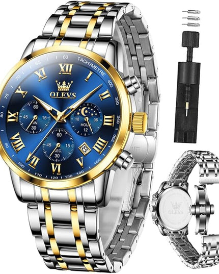OLEVS Mens Watch Luxury Big Face Stainless Steel Analog Quartz Multifunctional Waterproof Luminous Date Two Tone Fashion Dress Wrist Watches for Man