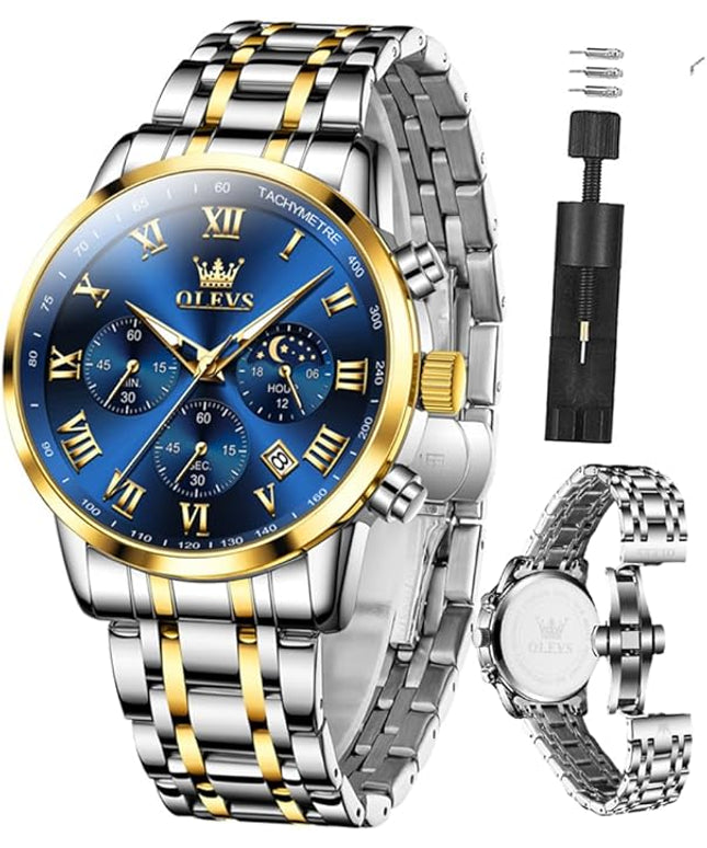 OLEVS Mens Watch Luxury Big Face Stainless Steel Analog Quartz Multifunctional Waterproof Luminous Date Two Tone Fashion Dress Wrist Watches for Man
