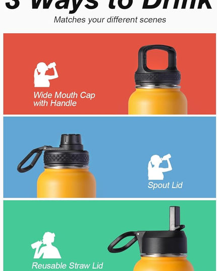Water Bottle 32 oz Insulated with Straw, Coolflask Stainless Steel Metal 3 Lids Water Flask Wide Mouth for Sports or Office, Non-BPA Keep Cold Up to 48 Hrs or Hot Up to 24 Hrs, Ombre Yellow/Orange