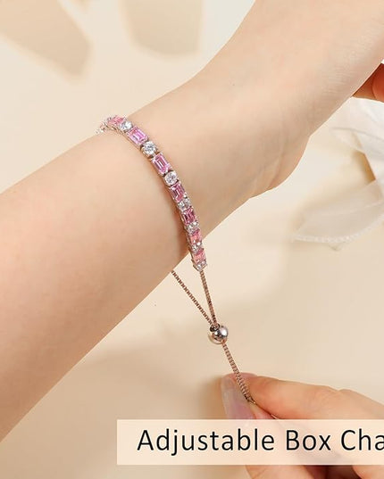 Birthstone Tennis Bracelets for Women White Gold Sterling Silver Gemstone Bracelets Adjustable Chain 6-9 Inchs Jewelry Anniversary Birthday Gifts for Women Mom Wife Her