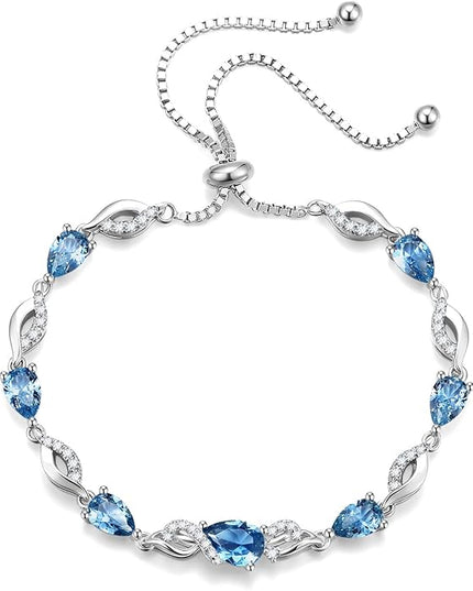 FANCIME Birthstone Teardrop Tennis Bracelet for Women, Sterling Silver 9x7mm main Gemstone Bolo Adjustable Chain Bracelet Fine Jewelry Birthday Gifts for Women Mom Wife Her