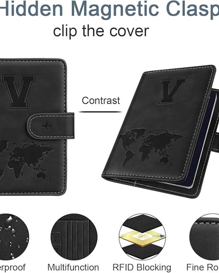 Passport Holder Wallet Cover Personalized Letter A-Z Travel Wallet RFID Blocking Passport Cover Wallet Case for Travel Passport Book Holders for Women and Men, Black-V