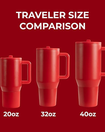 HydroJug Traveler - 40 oz Water Bottle with Handle & Flip Straw - Fits in Cup Holder, Leak Resistant Tumbler-Reusable Insulated Stainless Steel & Rubber Base - Gifts for Women & Men, Alumni Red