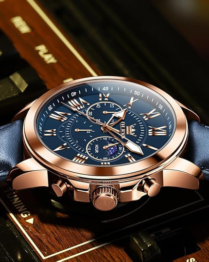 OLEVS Men's Watches Leather Strap Analog Quartz Watch, Fashion Big Dial Date Waterproof Watch, Dress Luxury Luminous Men Watches