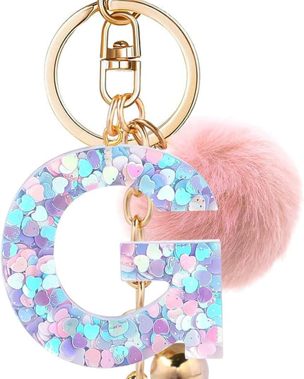 Resin Alphabet Initial Letter Keychain Keyring for Women Purse Handbags With Fur Ball Pom