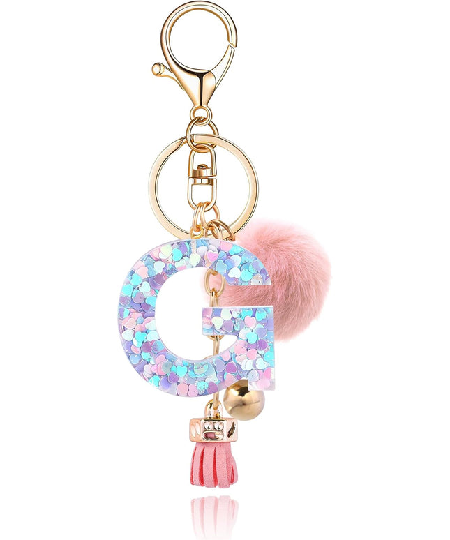 Resin Alphabet Initial Letter Keychain Keyring for Women Purse Handbags With Fur Ball Pom