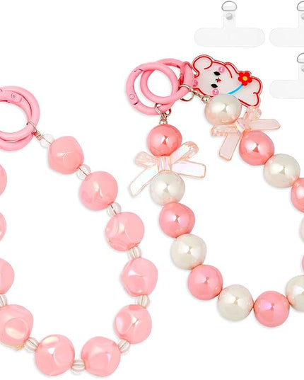 2 Pcs Phone Charm Wrist Strap with Tether Tab, Double Anti Lost Cute Beaded Wrist Lanyard, Detachable Transparent Phone Charms for Bag, Key Chains, Camera Decor