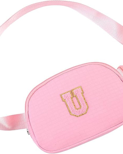 Glratn Initial Letter Fanny Pack for Girls,Patch Belt Bag,Toddler Crossbody Bags，Gifts for 3 4 5 6 7 8 9 10 11 12 Year Old Teens Kids,Christmas Graduation Gifts for Teen Girls.(Pink-U)