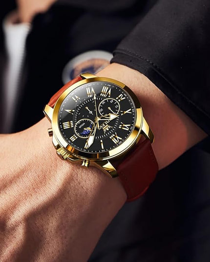 OLEVS Men's Watches Leather Strap Analog Quartz Watch, Fashion Big Dial Date Waterproof Watch, Dress Luxury Luminous Men Watches