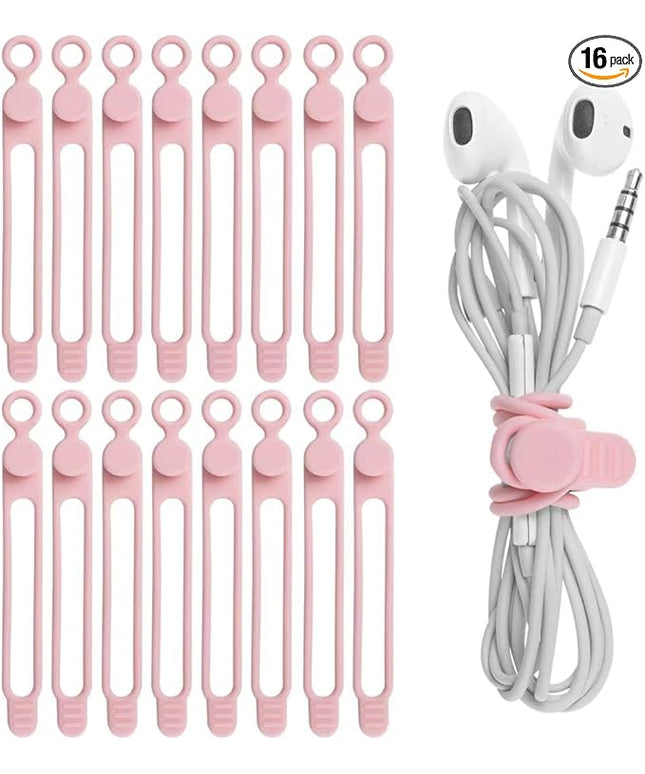 Nearockle 16Pcs Silicone Cable Straps Wire Organizer for Bundling Earphone, Phone Charger, Computer Cords, Reusable Cable Ties Cord Organizer in Home,Office,Kitchen,School(Pink)