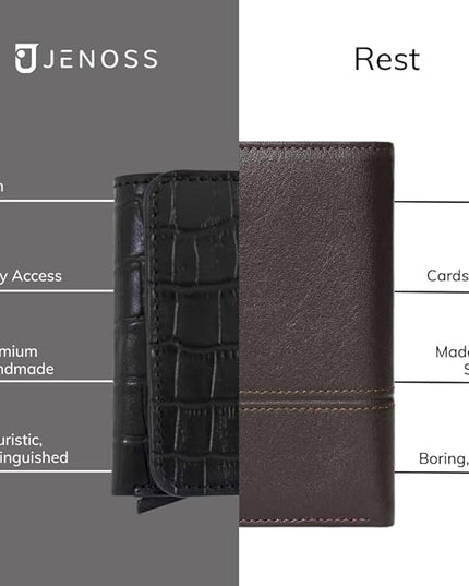 Jenoss Smart Wallet For Men: Full Grain Leather, Handcrafted, Slide Metal Pop Up Case, Slim RFID Blocking Credit Card Holder, Minimalist Compact, 6-8 Cards Organizers, Front Pocket, Money Clip (Black)