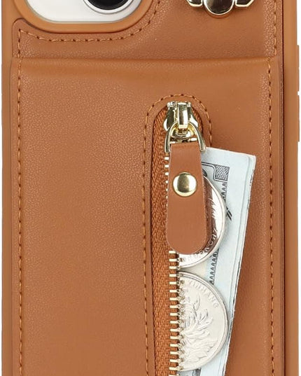for iPhone 15 Wallet Case with Card Holder, for iPhone 15 Case Wallet with Strap Credit Card Slot, Crossbody Bag with Zipper Case for iPhone15 - Brown