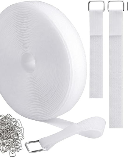 1"x16ft Hook and Loop Straps with 25 Metal Buckles, Adjustable Fastening Cable Straps, Cut-to-Length Cinch Strap, Reusable Nylon Securing Cord Ties for Organizer or Storage, 1 inch Wide, White