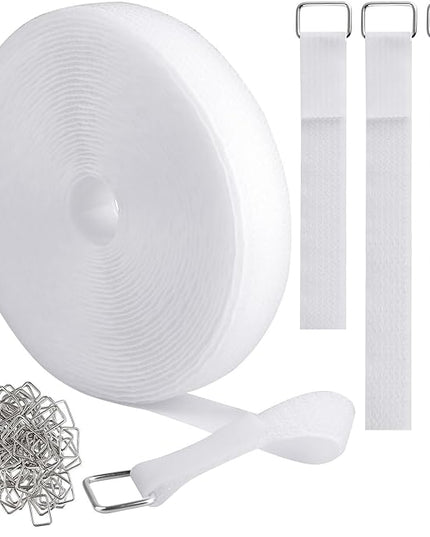 1"x32ft Hook and Loop Straps with 50 Metal Buckles, Adjustable Fastening Cable Straps, Cut-to-Length Cinch Strap, Reusable Nylon Securing Cord Ties for Organizer or Storage, 1 inch Wide, White