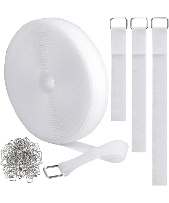 1"x32ft Hook and Loop Straps with 50 Metal Buckles, Adjustable Fastening Cable Straps, Cut-to-Length Cinch Strap, Reusable Nylon Securing Cord Ties for Organizer or Storage, 1 inch Wide, White
