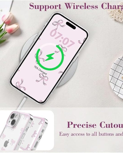 Designed for iPhone Case,Clear Cute Ribbon Bowknot Pattern Aesthetic Transparent Phone Case Raised Camera Protection Stylish Slim Soft Phone Case (Pink,iPhone 16 Plus)