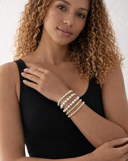 Gold Beaded Bracelets for Women, 14K Real Gold Plated Jewelry for Women Dainty Pearl Bead Bracelets Stack, Non Tarnish Trendy Stackable Ball Cross Stretch Bracelet Set Fashion Accessories Gifts