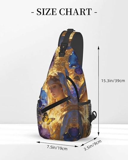 Our Lady of Guadalupe Sling Bag Crossbody Bags Clovers Chest Bag for Travel Hiking for Men Women Golden Mary 5