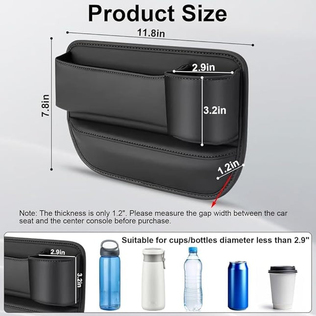 Car Seat Gap Filler Organizer with Cup Holders, Seat Gap Storage Box for Drinks, Phones, Keys, Sunglasses, Cards, and Small Essentials (Black, Passenger Seat)