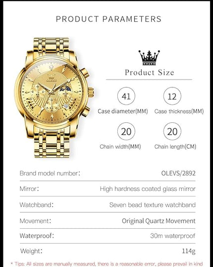 OLEVS Men's Luxury Watch Waterproof Luminous Easy Read Chronograph Watches Full Gold/White Dail/Black Face with Calendar Wristwatch