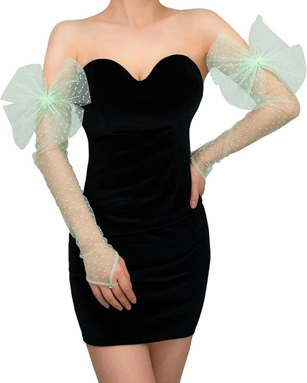 Long Fingerless Lace Gloves with Bow Polka Dot Wedding Bridal Mesh Sheer Gloves Long Opera Party Accessories