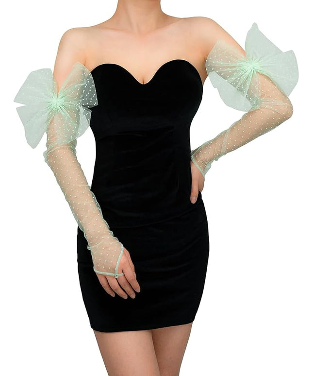 Long Fingerless Lace Gloves with Bow Polka Dot Wedding Bridal Mesh Sheer Gloves Long Opera Party Accessories