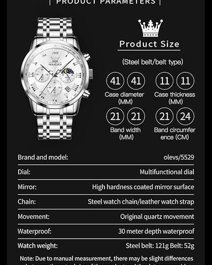 OLEVS Mens Watch Luxury Big Face Stainless Steel Analog Quartz Multifunctional Waterproof Luminous Date Two Tone Fashion Dress Wrist Watches for Man