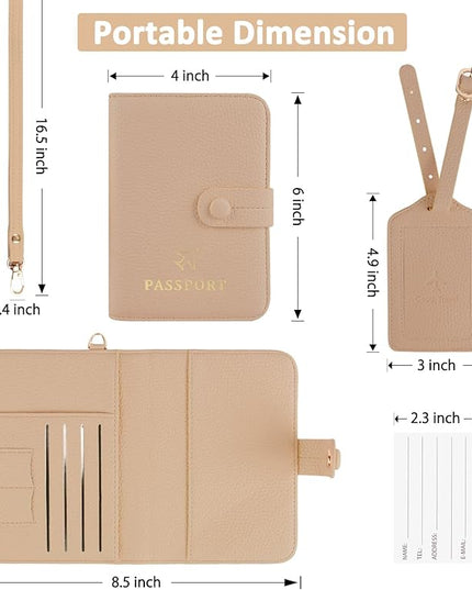 Passport Holder RFID Protected Wallet and Luggage Tag with Protection Cover Travel Accessories Leather Card Case Organizer for Women Men (Beige)