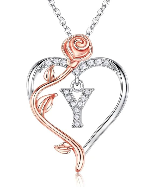Iefil Christmas Gifts for Women Wife - 925 Sterling Silver Rose Heart Initial Necklace, Anniversary Birthday Gifts for Women, Jewelry Gift for Her Wife Girlfriend Mom Daughter