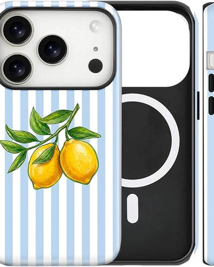 Magnetic for iPhone 17 Pro Case Cute Lemon Stripes Phone Case, Shockproof Slim TPU and Hard PC Protective Phone Cover Compatible with MagSafe Designed for Women Girls, Blue